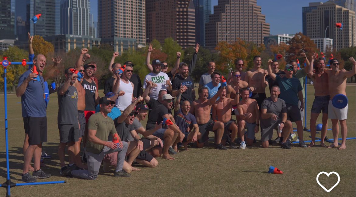 A corporate group celebrating together